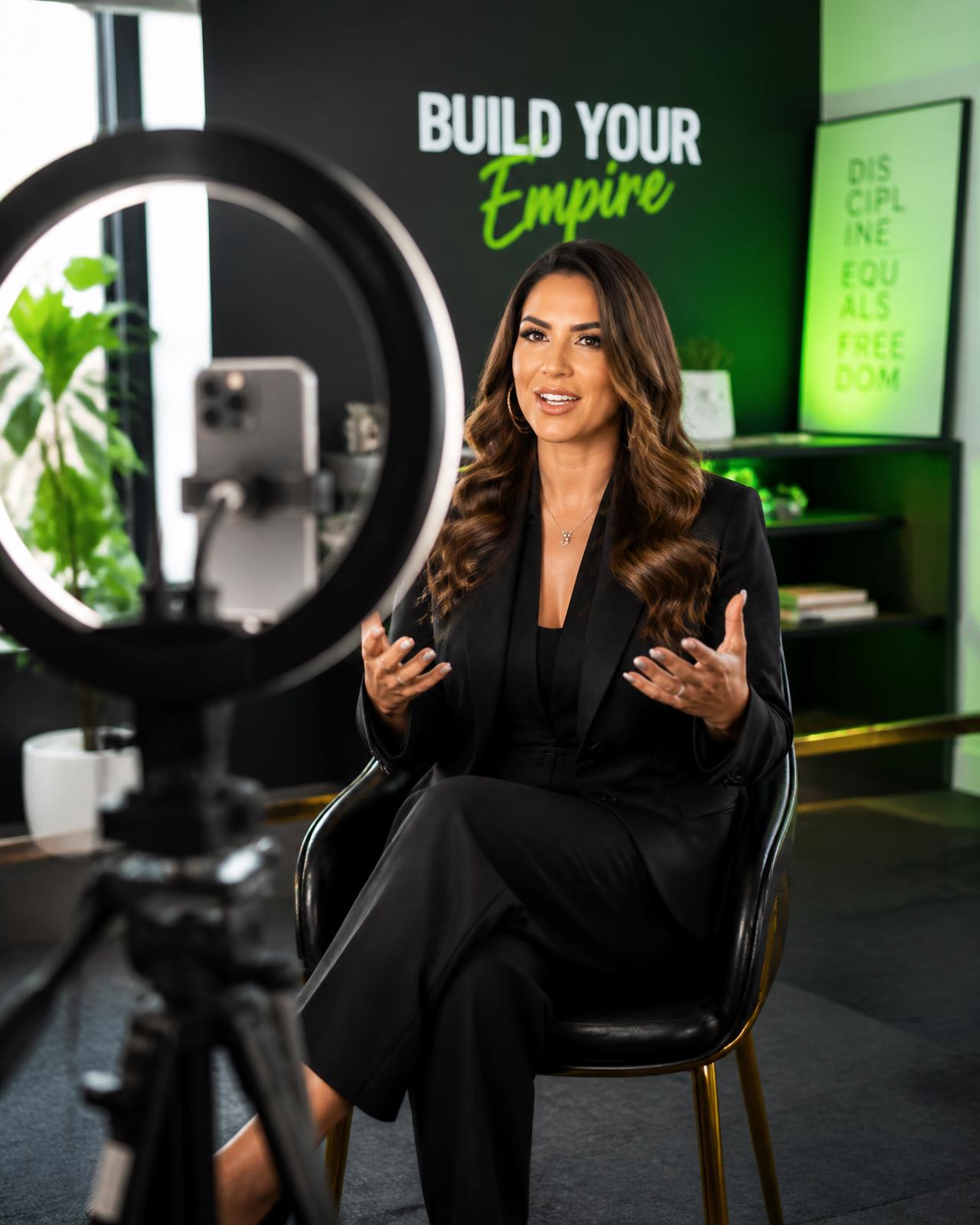 Business owner recording a customer video testimonial in a studio